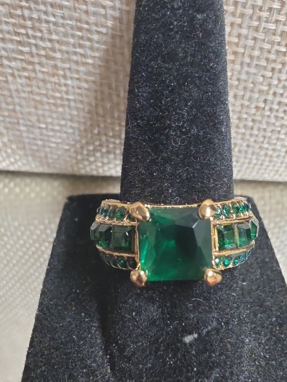 Emerald Cut Green Gold Tone Costume  Ring